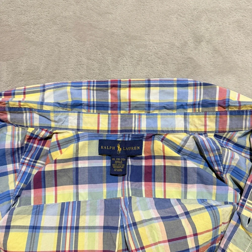 Ralph Lauren Button Down Shirt Youth Boys XL 18-20 Plaid Navy Pony Preppy EUC